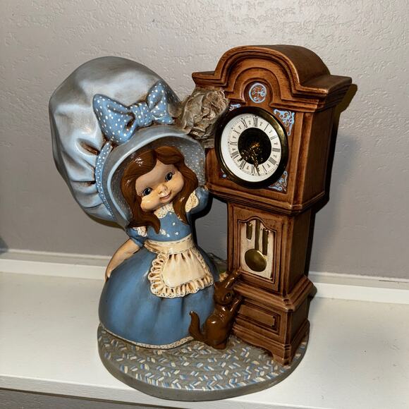 Vintage 1971 Byron Mold Girl with Grandfather Clock Figurine, Blue Bonnet Decor - Picture 7 of 13